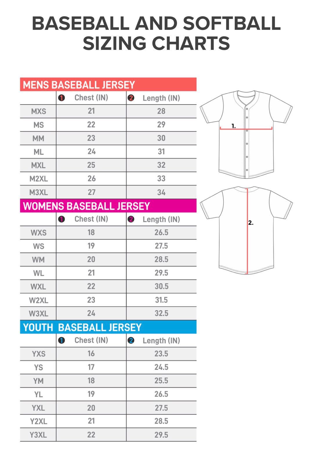 baseball tshirts size chart